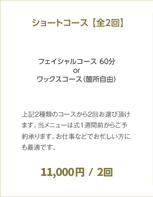 ショートコース【全2回】 フェイシャルコース 60分orワックスコース（箇所自由） 11,000円 / 2回