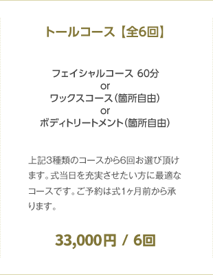 トールコース 【全6回】 フェイシャルコース 60分orワックスコース（箇所自由）orボディトリートメント（箇所自由） 33,000円 / 6回