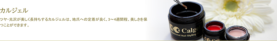 カルジェル - ツヤ・光沢が美しく、長持ちするカルジェルは、地爪への定着が良く3〜4週間程、美しさを保つことができます。